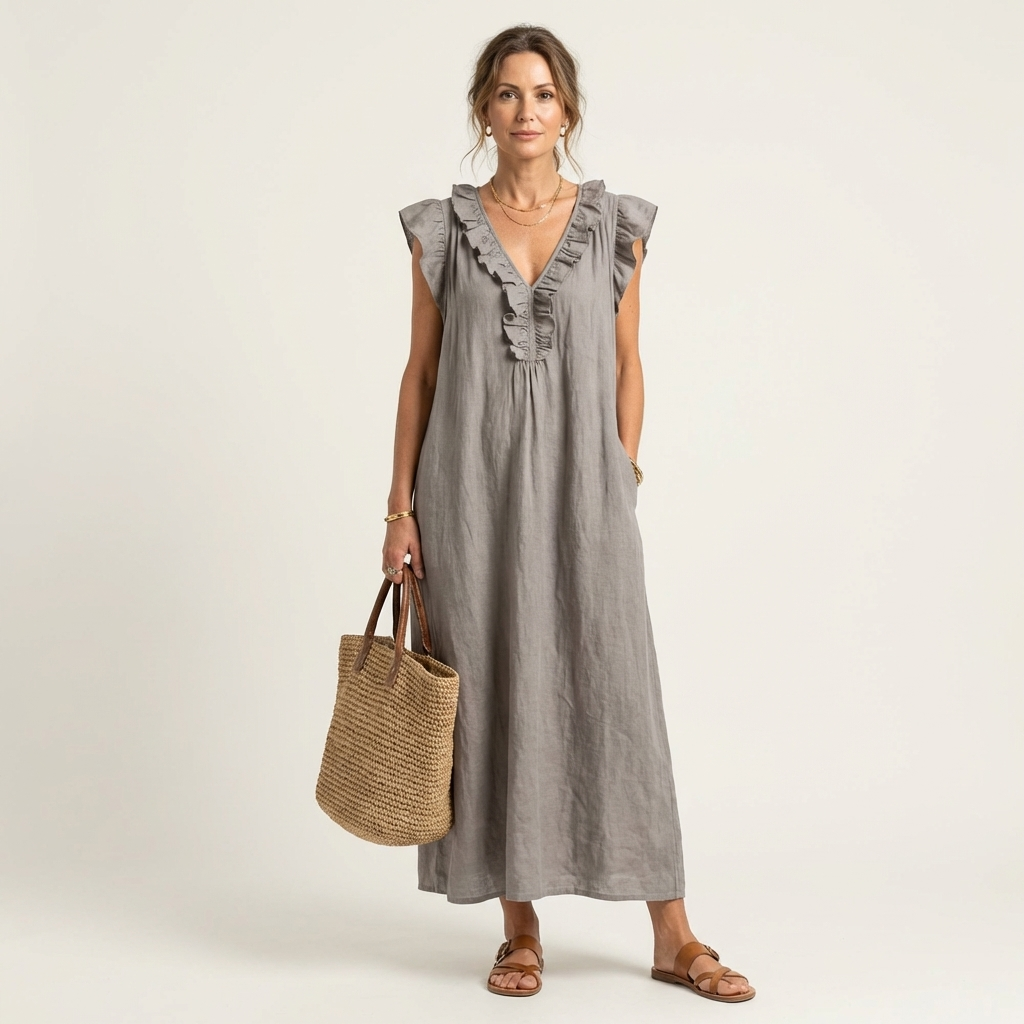 Josette Ruffle V-Neck Linen Maxi Dress - Gray