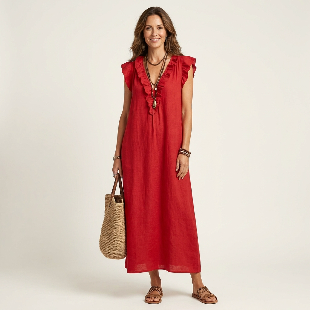 Josette Ruffle V-Neck Linen Maxi Dress - Red