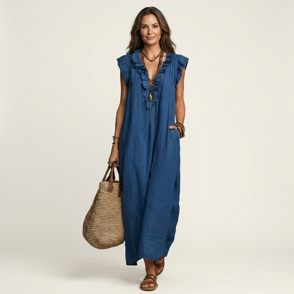 Josette Ruffle V-Neck Linen Maxi Dress - Blue