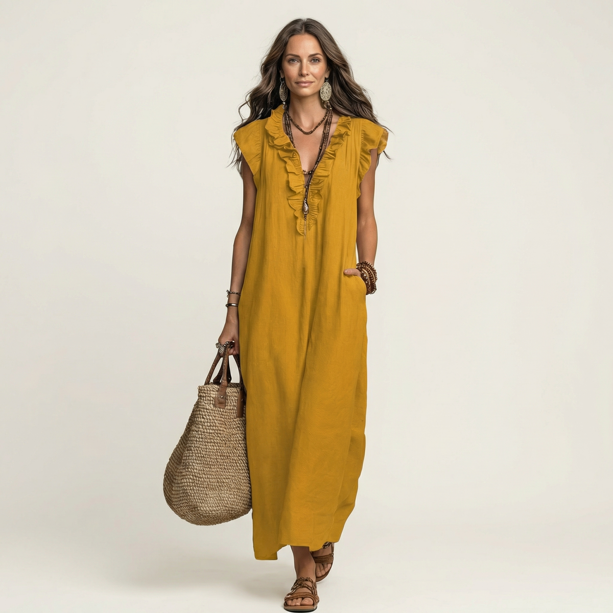 Josette Ruffle V-Neck Linen Maxi Dress - Yellow