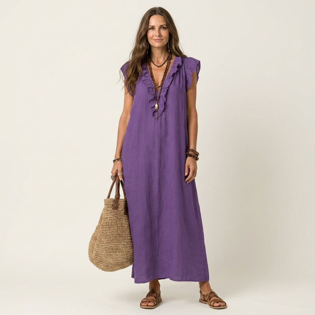 Josette Ruffle V-Neck Linen Maxi Dress - Purple