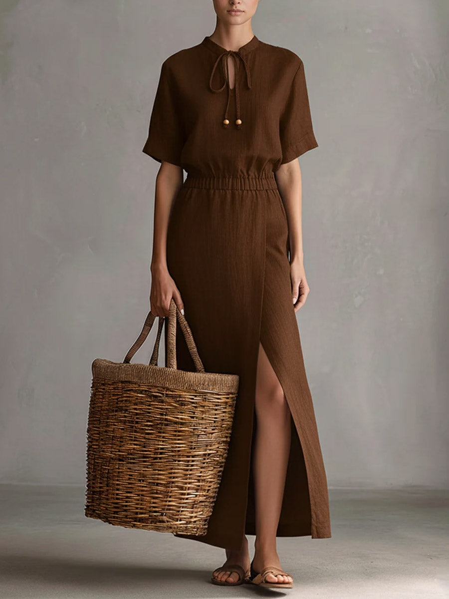 Serena | Linen & Cotton Maxi Dress - Coffee